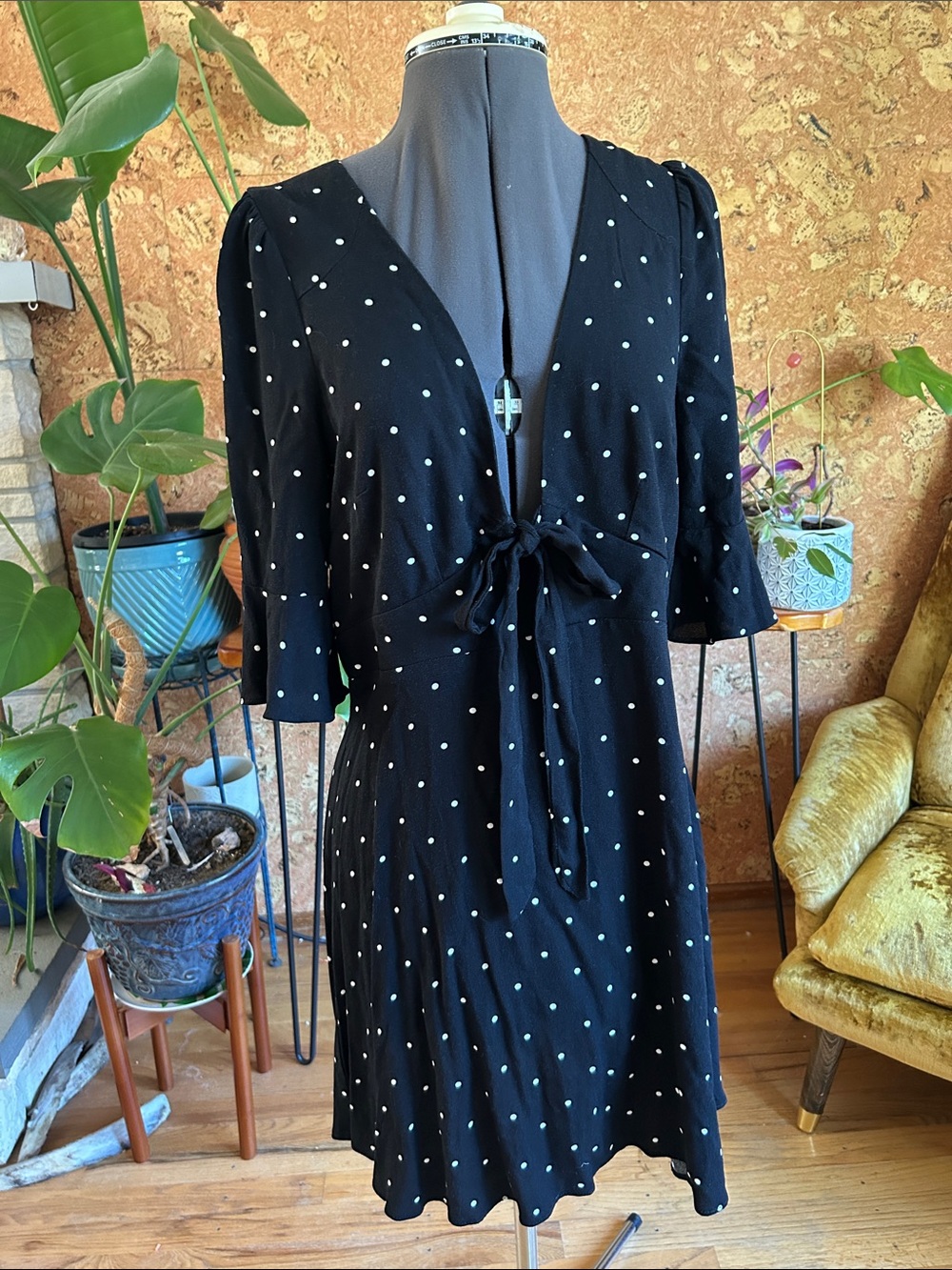 NWTags Free People Black and White Polka Dot Deed Plunging Tie-Front Dress